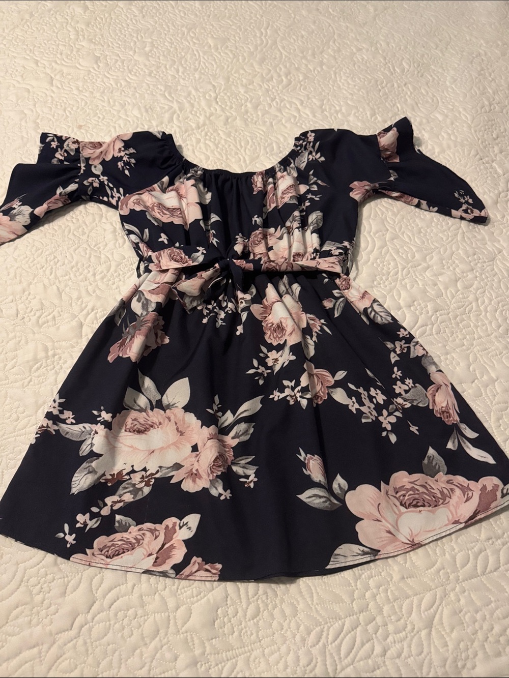 Girls Navy Floral Off-Shoulder Dress with Belt